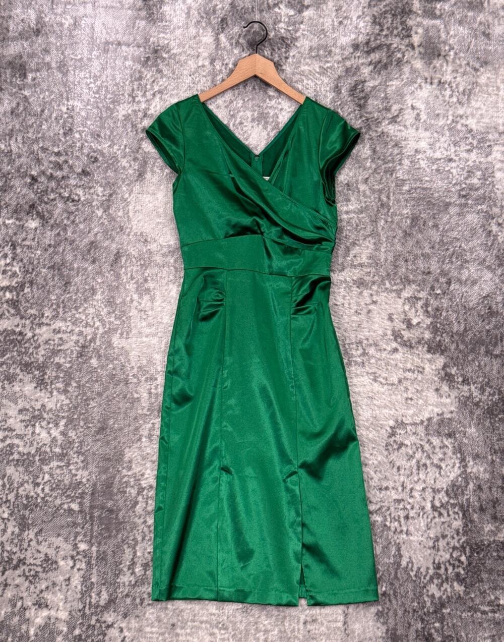 Stop Staring! Dress Medium Womens Green Satin Pinup Sheath Pencil